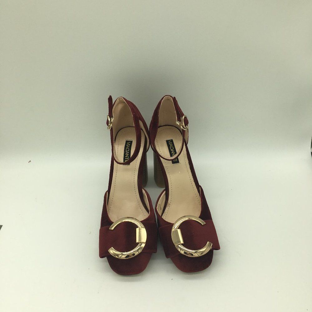 Red Round Toe Pumps Chunky Mid Heel Ankle Strap Dress Shoes - Picture 1 of 10